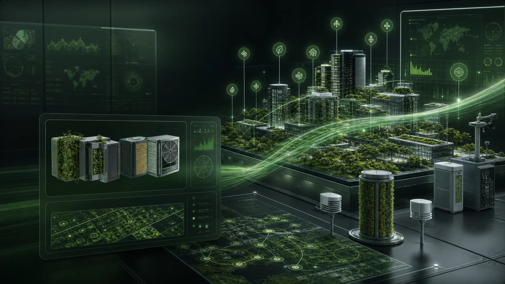 Urban clean-air deployment platform with bio-filtration modules and sensor networks.
