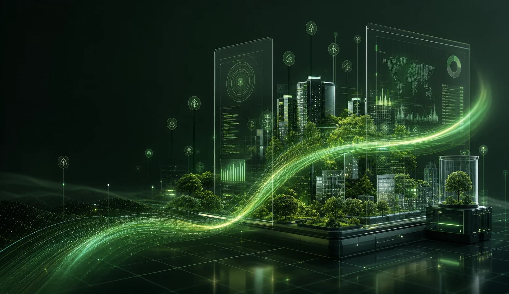 Enterprise climate intelligence platform with city greening data and luminous airflow.